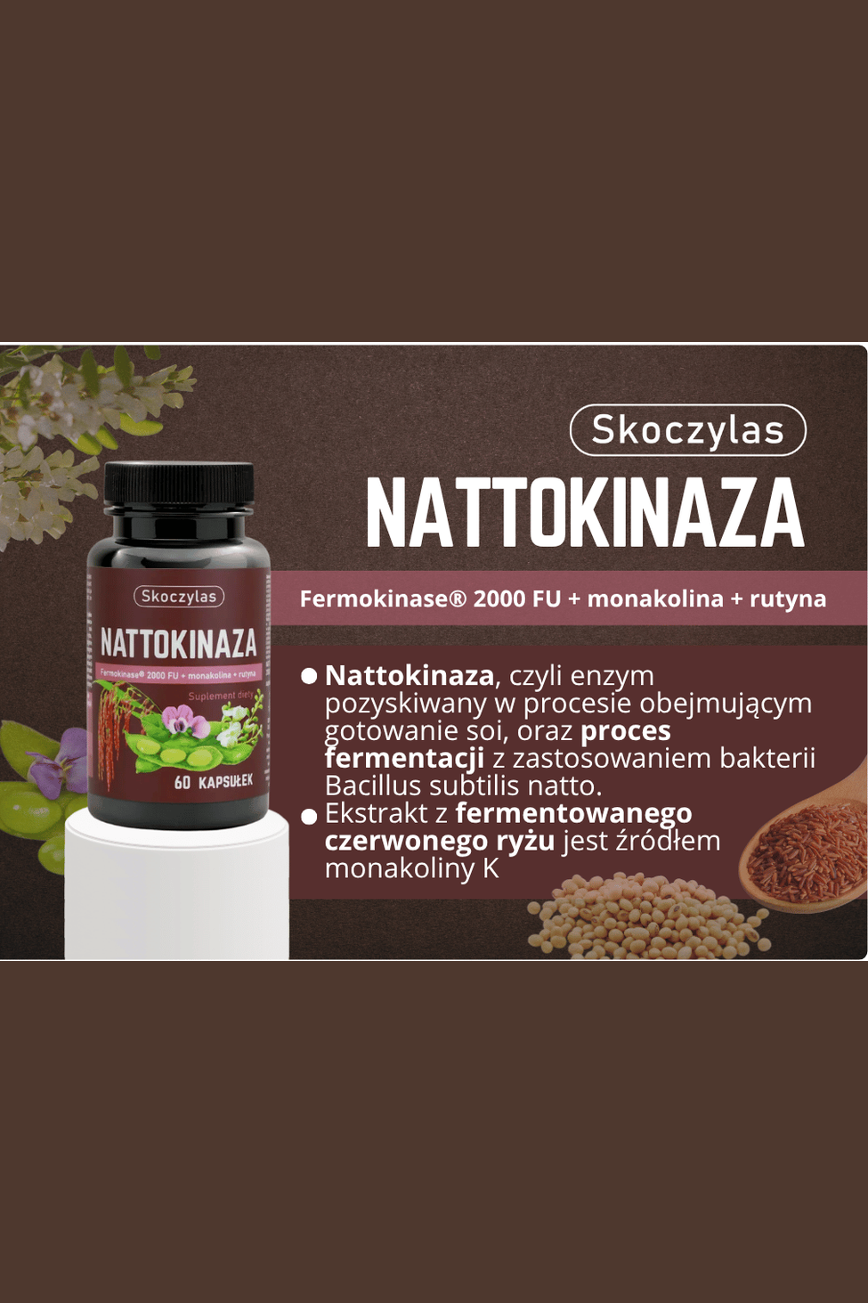 Skoczylas Nattokinaza Fermokinase® 2000 FU + monakolina + rutyna 60 kapsułek – Skoczylas Nattokinase Fermokinase® 2000 FU + Monacolin + Rutin 60 Capsules