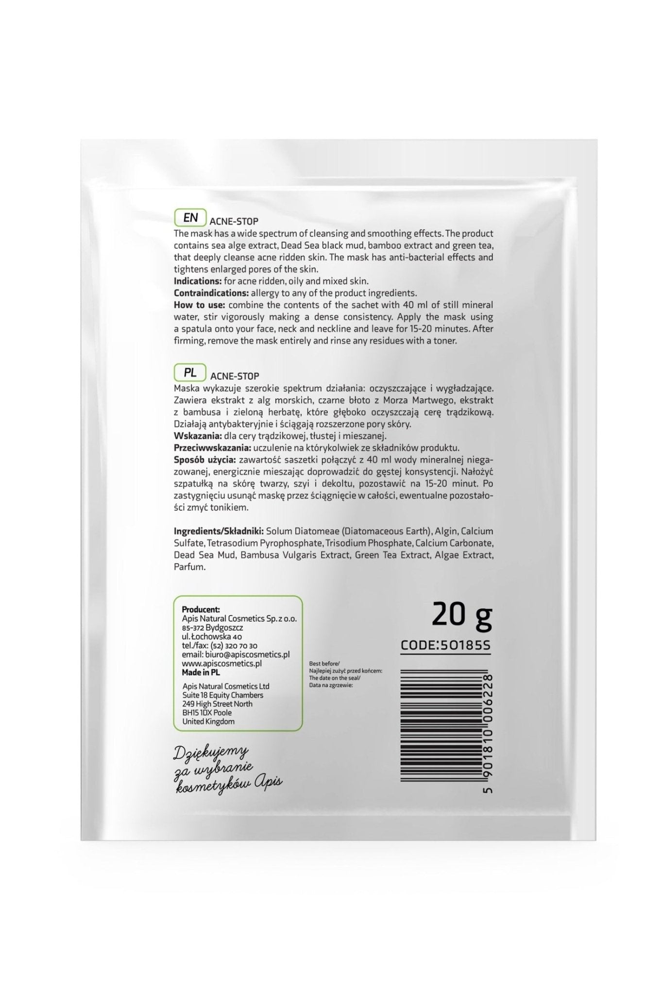 Apis ACNE - STOP Algae Mask for Acne - Prone Skin with Bamboo, Green Tea, and Dead Sea Black Mud | 20g - My Health Oasis