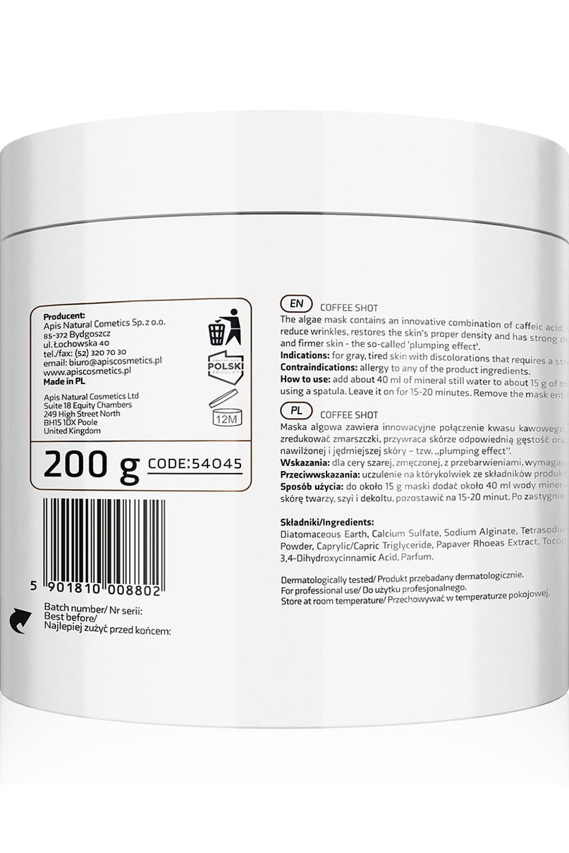Apis COFFEE SHOT Biorevitalising Algae Mask with Caffeic Acid and Arabica Coffee | 200g - My Health Oasis
