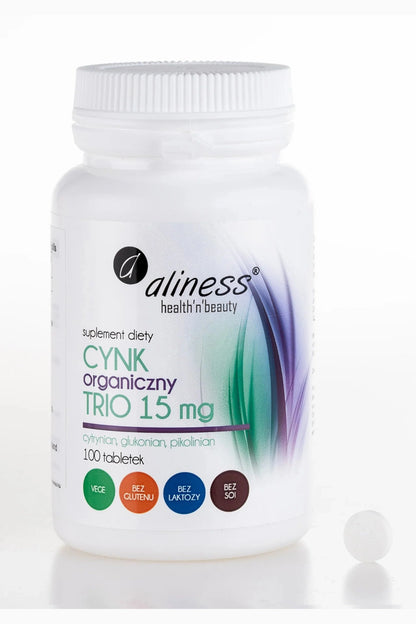 Aliness Organic Zinc Trio 15mg – Citrate, Gluconate & Picolinate – 100 Tablets