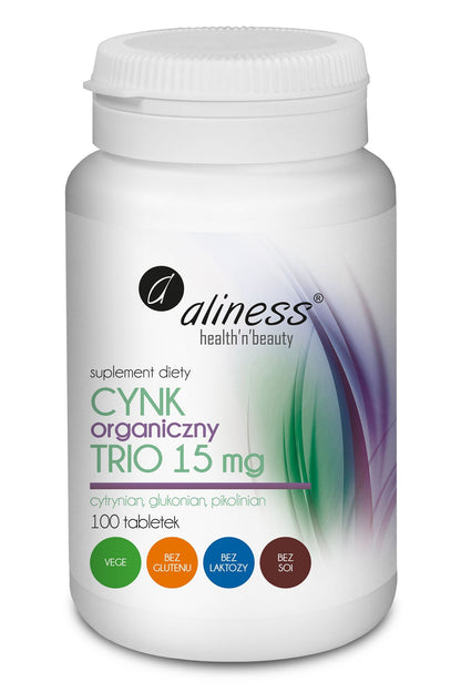 Aliness Cynk Organiczny TRIO 15 mg 100 tabletek – Aliness Organic Zinc TRIO 15 mg 100 tablets