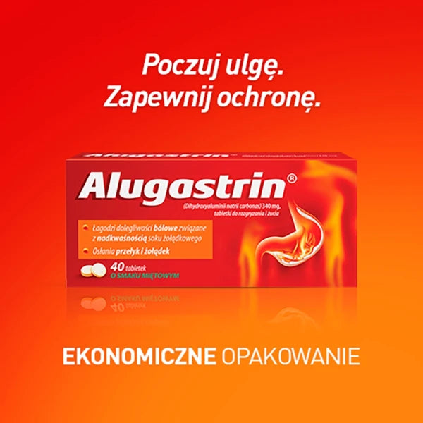 Alugastrin Tabletki do rozgryzania i żucia 340mg 40 tabletek – Alugastrin Chewable Tablets 340mg 40 tablets Mint Flavour