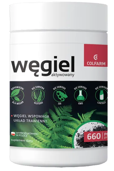 Colfarm Węgiel Aktywowany – Activated Charcoal 660mg Capsules – Digestive Support – 100g