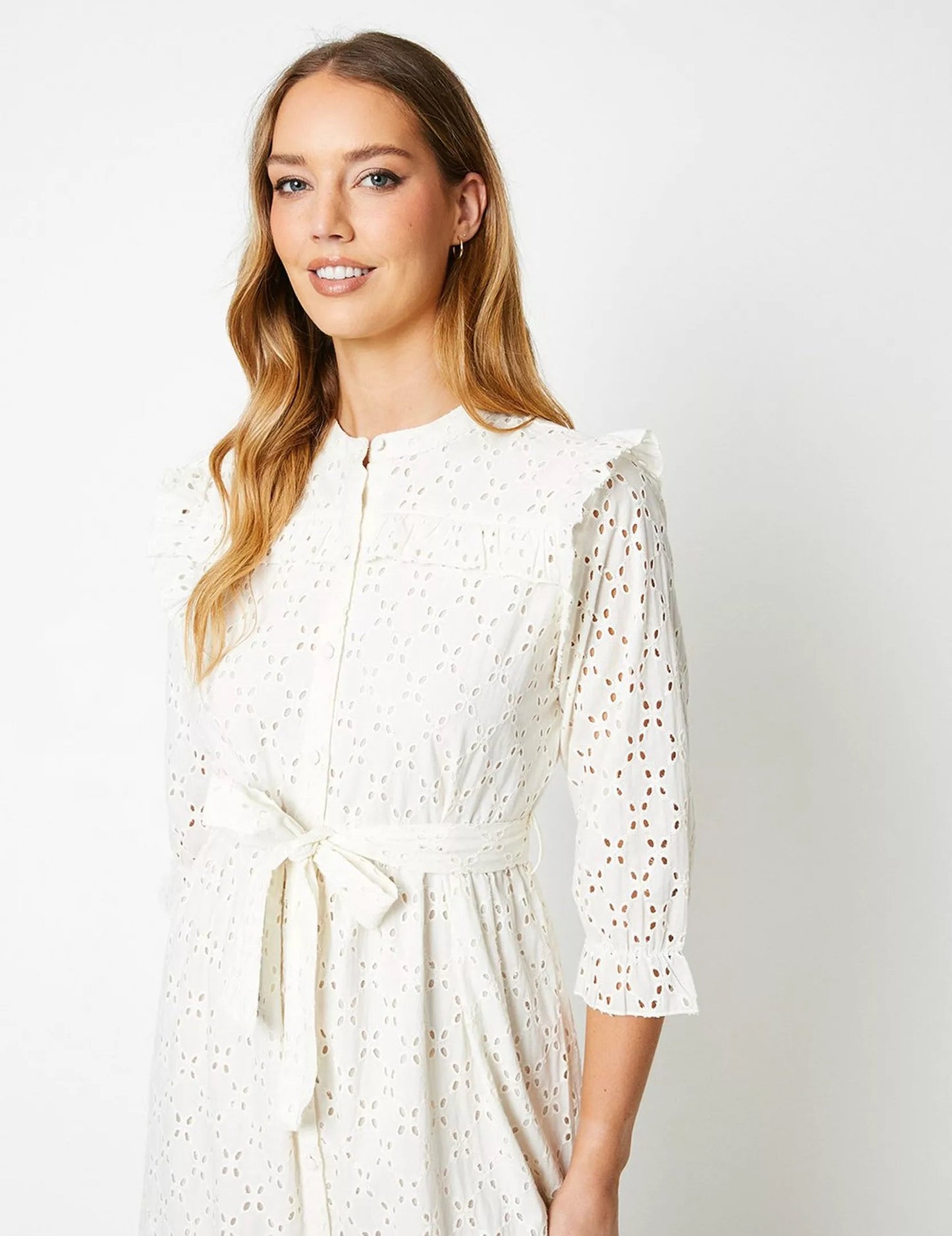 Oasis Broderie Button Through Midi Dress Ivory - Size 12