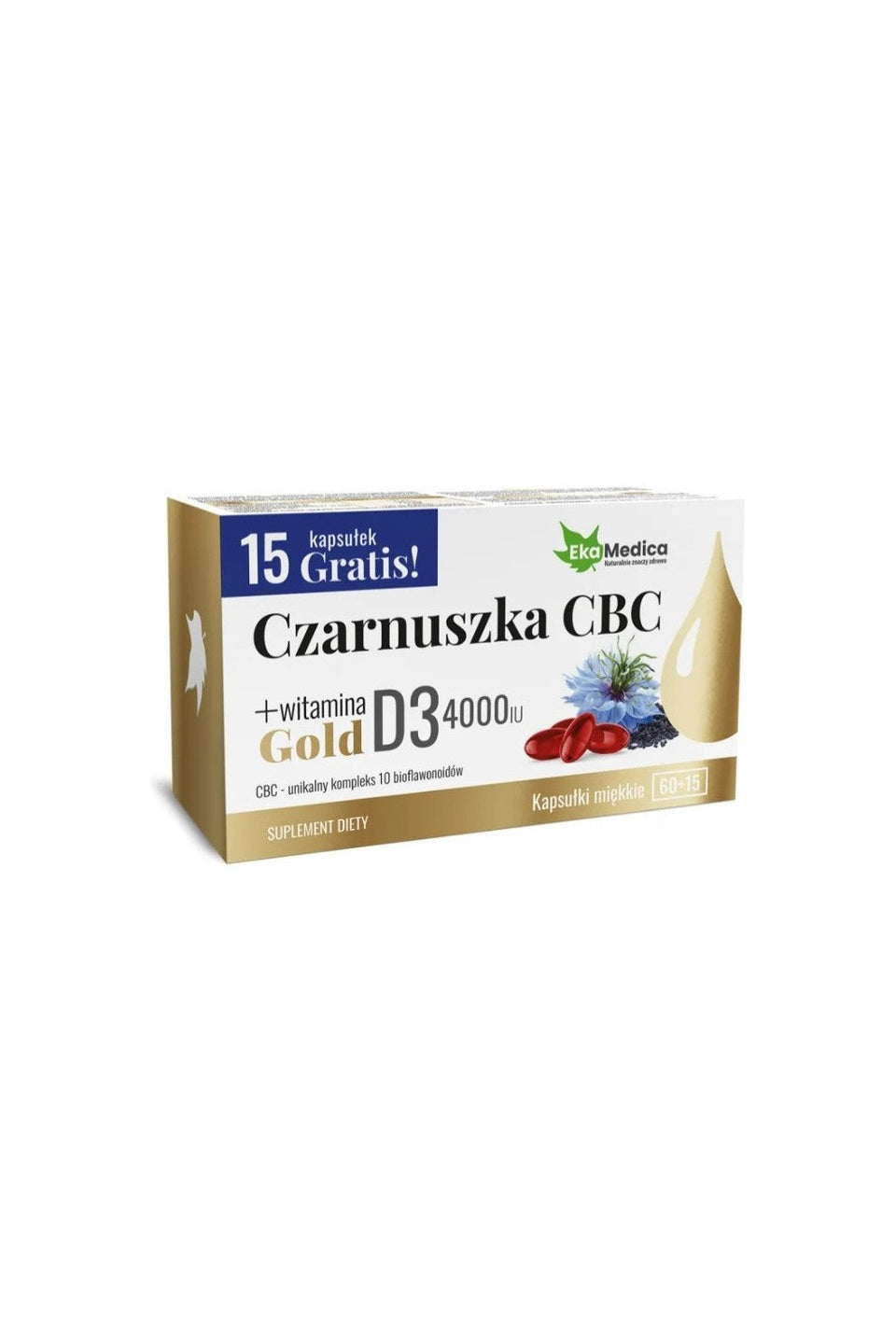 EkaMedica Czarnuszka CBC Gold + witamina D3 4000 IU Kapsułki miękkie 60+15 szt. – EkaMedica Black Seed CBC Gold + Vitamin D3 4000 IU Soft Capsules 60+15