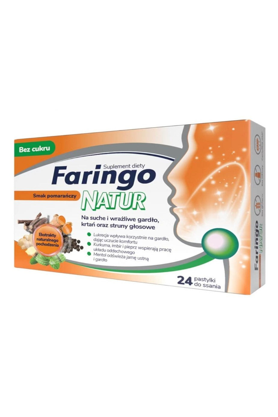 Faringo Natur Smak pomarańczy 24 pastylki do ssania – Faringo Natur Orange Flavour 24 Throat Lozenges