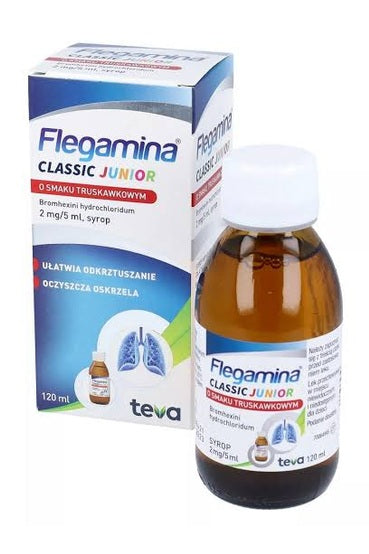Flegamina Classic Junior – Bromhexine 2mg/5ml Strawberry Expectorant Syrup for Children – 120ml