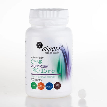 Aliness Organic Zinc Trio 15mg – Citrate, Gluconate & Picolinate – 100 Tablets