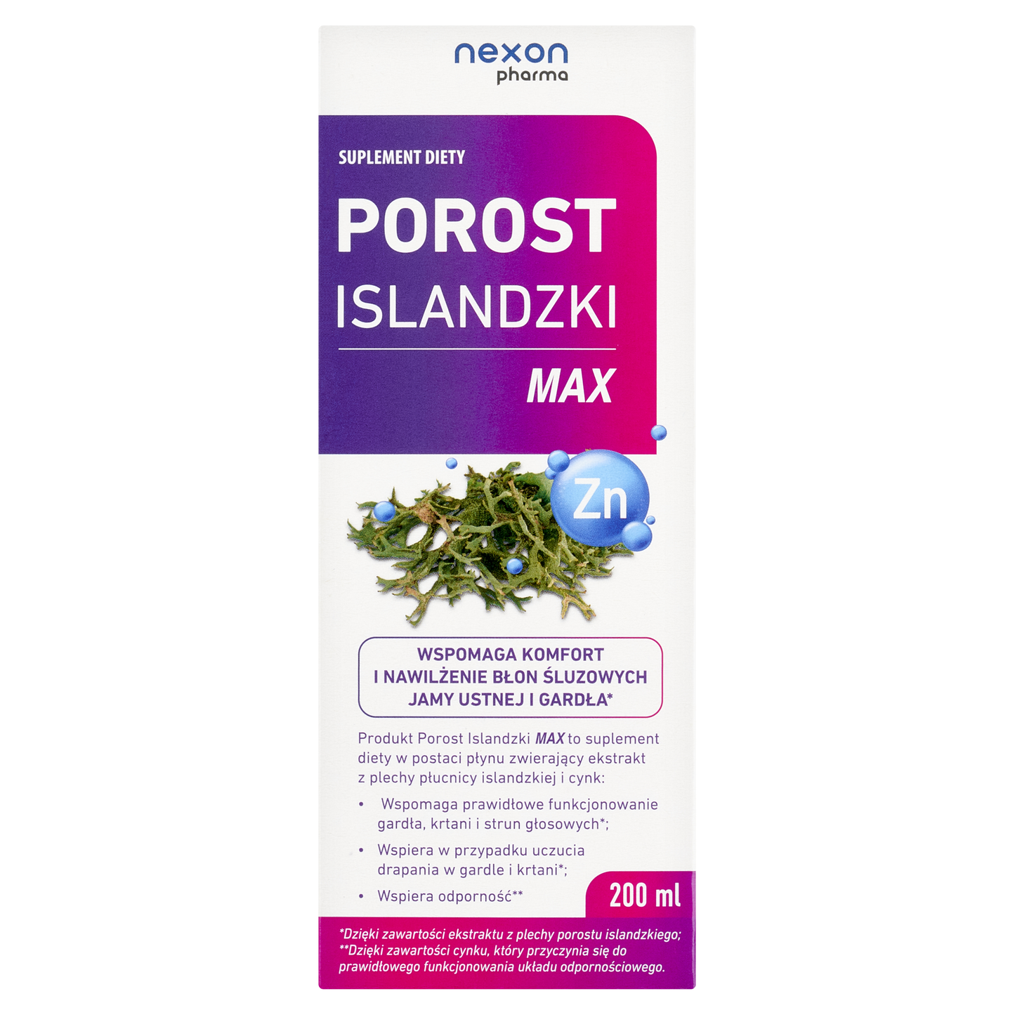 Nexon Pharma Porost Islandzki MAX – Iceland Moss & Zinc Throat & Immunity Liquid – 200ml