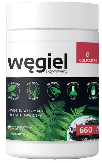 Colfarm Węgiel Aktywowany – Activated Charcoal 660mg Capsules – Digestive Support – 100g