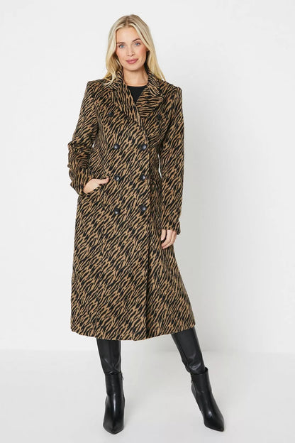 Oasis Petite Animal Zebra Double Breasted Midi Coat - Size 10
