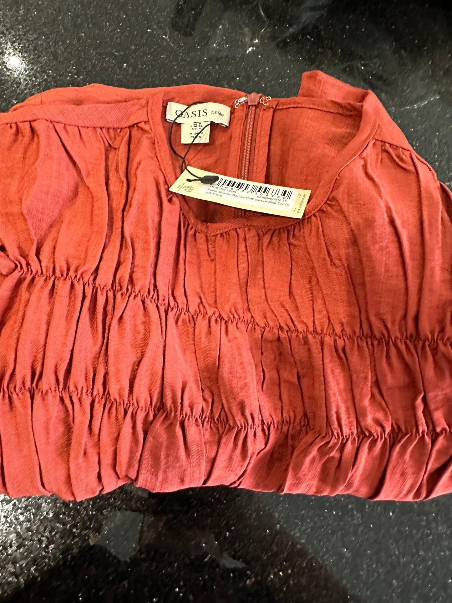 Oasis Petite Shirred Bodice Puff Sleeve Midi Dress - Size 8