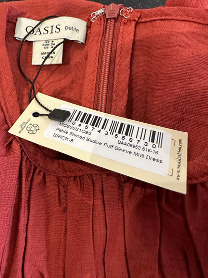 Oasis Petite Shirred Bodice Puff Sleeve Midi Dress - Size 8