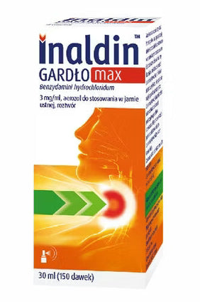 Inaldin Gardło Max Benzydamini Hydrochloridum 3mg/ml Aerozol 30ml 150 dawek – Inaldin Throat Max Benzydamine Hydrochloride 3mg/ml Oral Spray 30ml 150 doses