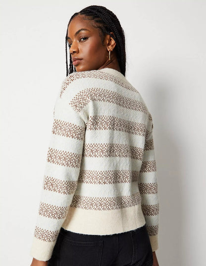 Knitted Jacquard Stripe Pocket Detail Cardigan - Size L