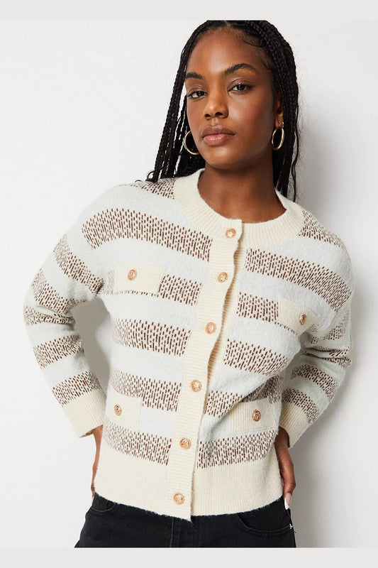 Knitted Jacquard Stripe Pocket Detail Cardigan - Size L