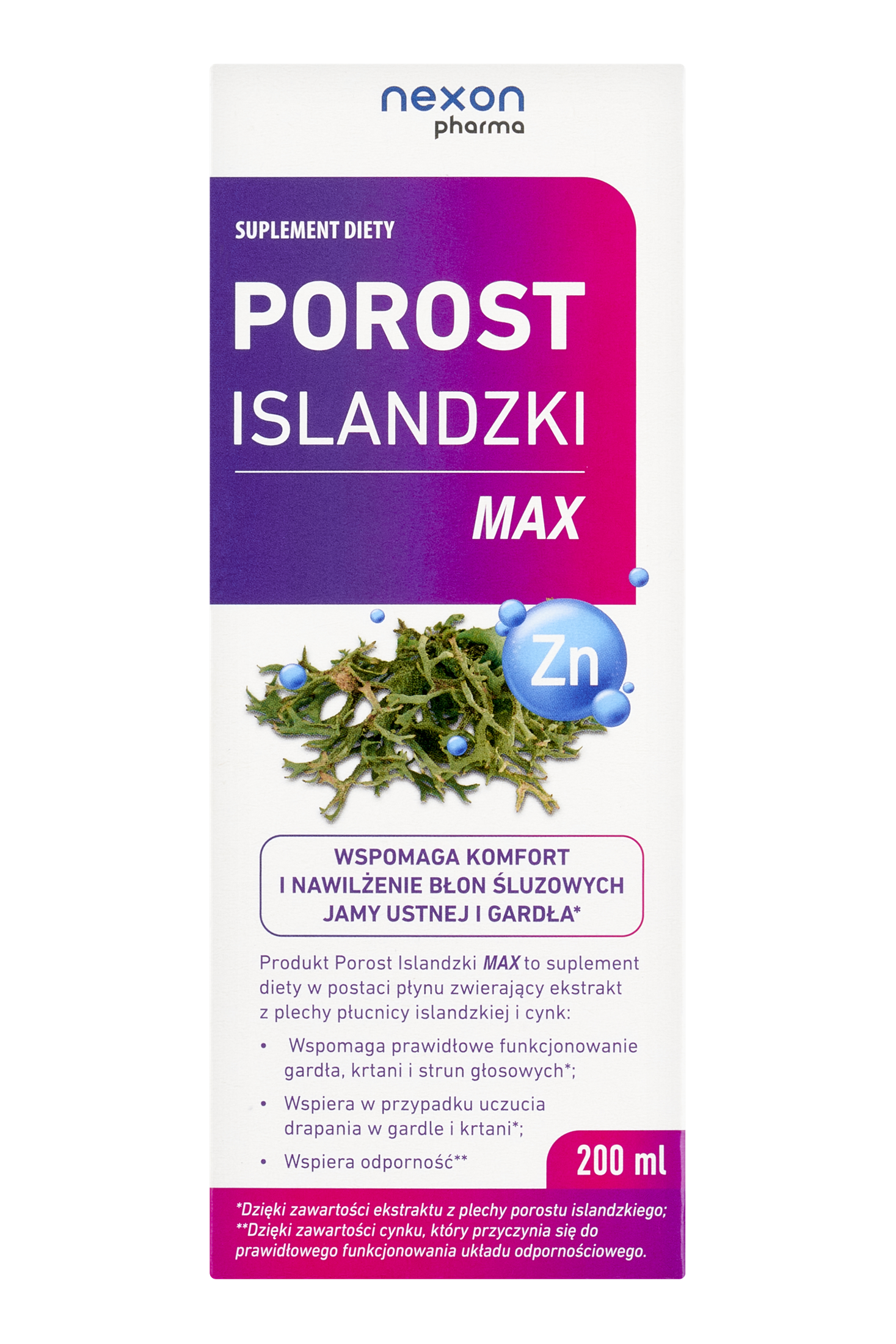 Nexon Pharma Porost Islandzki MAX – Iceland Moss & Zinc Throat & Immunity Liquid – 200ml