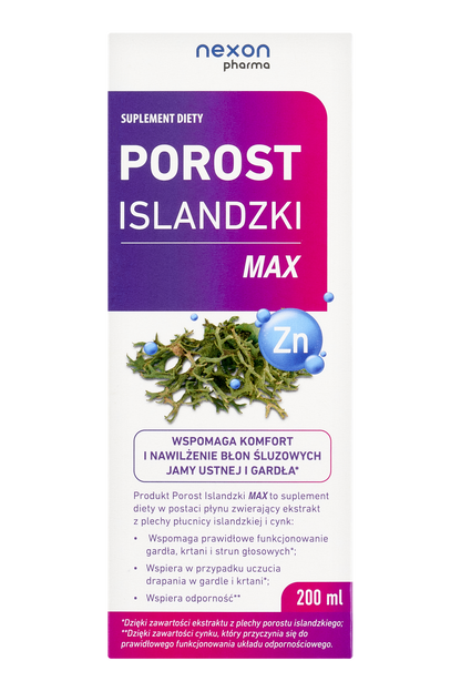 Nexon Pharma Porost Islandzki MAX – Iceland Moss & Zinc Throat & Immunity Liquid – 200ml