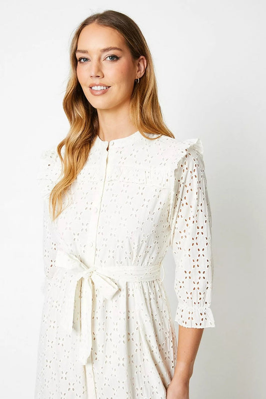 Oasis Broderie Button Through Midi Dress Ivory - Size 12
