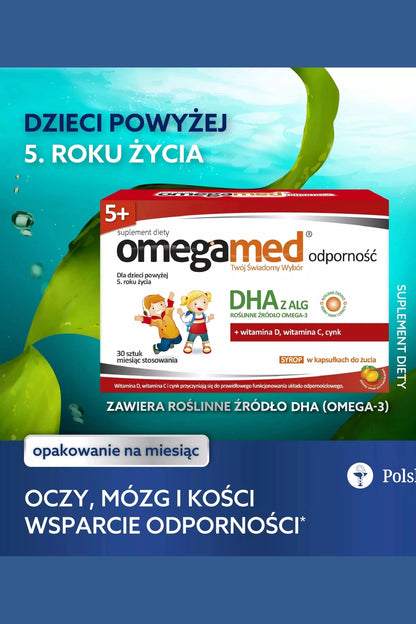 Omegamed Odporność 5+ Children’s DHA, Vitamin D, C & Zinc Immunity Syrup Capsules – 30 Caps