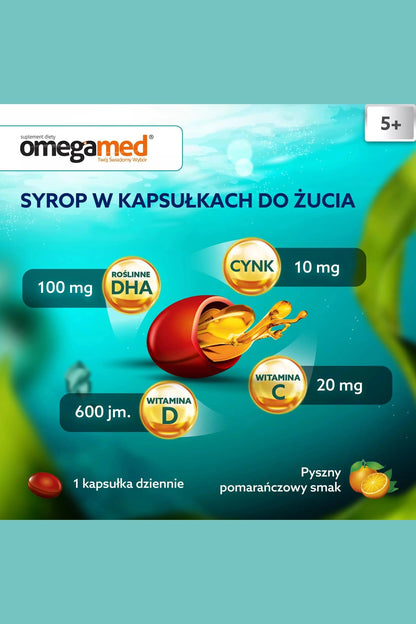 Omegamed Odporność 5+ Children’s DHA, Vitamin D, C & Zinc Immunity Syrup Capsules – 30 Caps