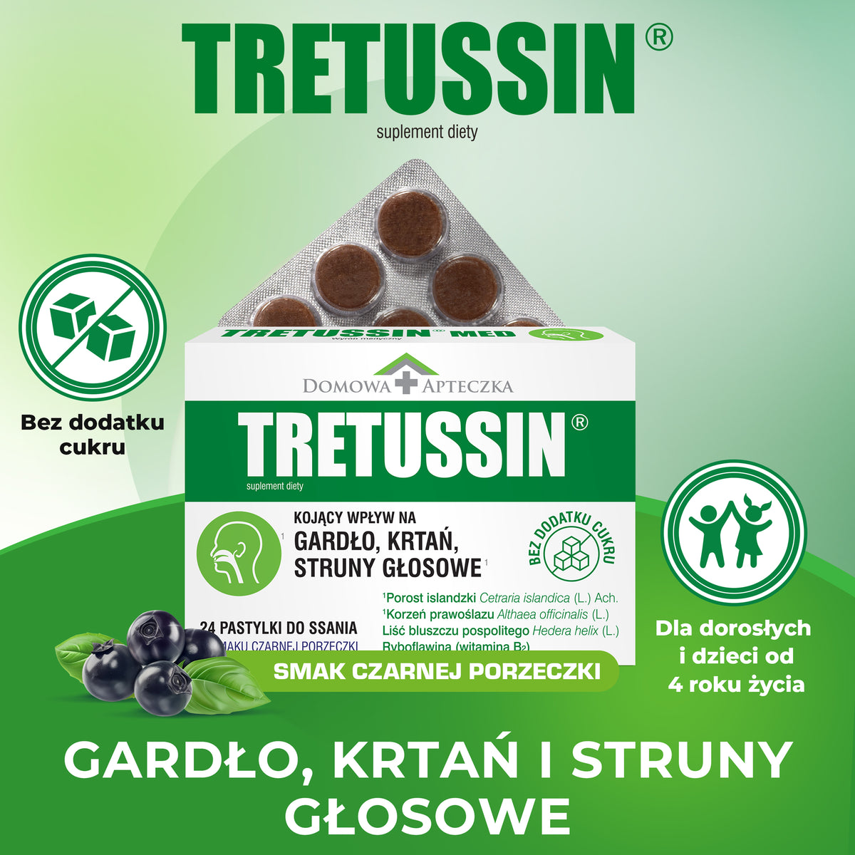 Tretussin Pastylki do Ssania 24 szt. o Smaku Czarnej Porzeczki – Tretussin Throat Lozenges 24 pcs Black Currant Flavour