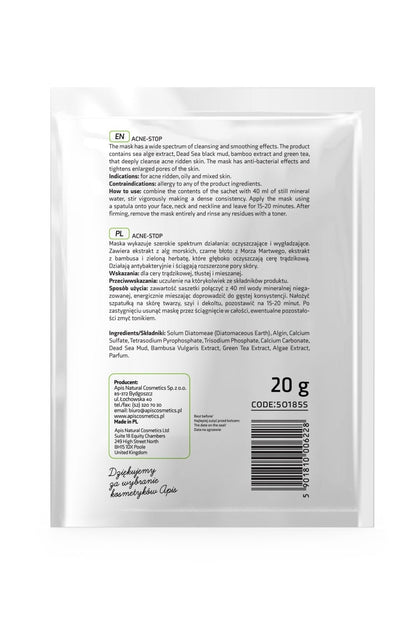 Apis ACNE - STOP Algae Mask for Acne - Prone Skin with Bamboo, Green Tea, and Dead Sea Black Mud | 20g - My Health Oasis