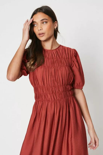 Oasis Petite Shirred Bodice Puff Sleeve Midi Dress - Size 8