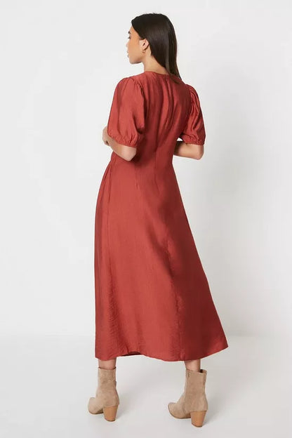 Oasis Petite Shirred Bodice Puff Sleeve Midi Dress - Size 8