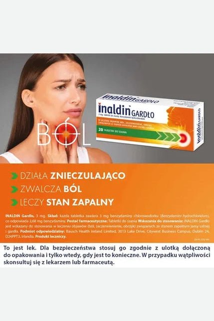 Inaldin Gardło – Benzydamine 3mg Sore Throat Lozenges – 20 Lozenges - My Health Oasis