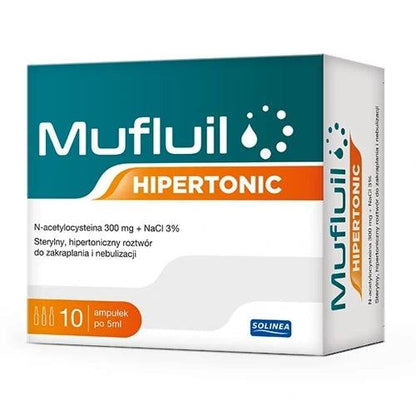 Mufluil Hipertonic N-acetylocysteina 300 mg + NaCl 3% 10 ampułek po 5ml – Mufluil Hypertonic N-Acetylcysteine 300mg + NaCl 3% 10 x 5ml Ampoules