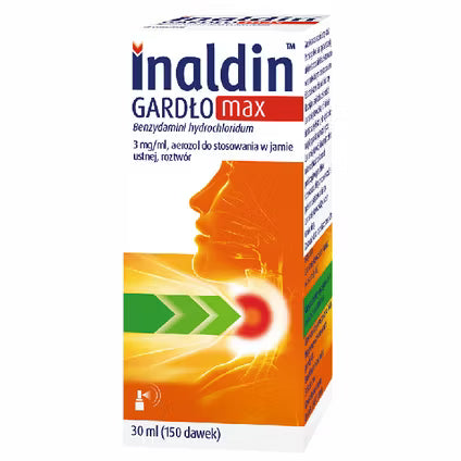 Inaldin Gardło Max Benzydamini Hydrochloridum 3mg/ml Aerozol 30ml (150 dawek) – Inaldin Throat Max Benzydamine Hydrochloride 3mg/ml Oral Spray 30ml (150 doses)