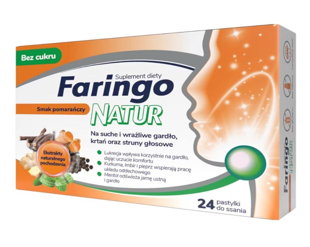 Faringo Natur Smak pomarańczy 24 pastylki do ssania – Faringo Natur Orange Flavour 24 Throat Lozenges
