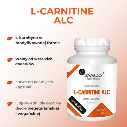 Aliness L-Carnitine ALC (Acetyl-L-Carnitine) 500mg 100 kapsułek – Aliness L-Carnitine ALC (Acetyl-L-Carnitine) 500mg 100 Capsules