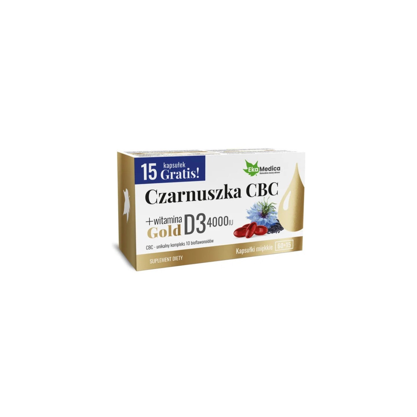 EkaMedica Czarnuszka CBC Gold + witamina D3 4000 IU Kapsułki miękkie 60+15 szt. – EkaMedica Black Seed CBC Gold + Vitamin D3 4000 IU Soft Capsules 60+15