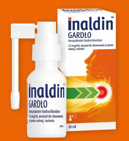 Inaldin Gardło Max Benzydamini Hydrochloridum 3mg/ml Aerozol 30ml (150 dawek) – Inaldin Throat Max Benzydamine Hydrochloride 3mg/ml Oral Spray 30ml (150 doses)